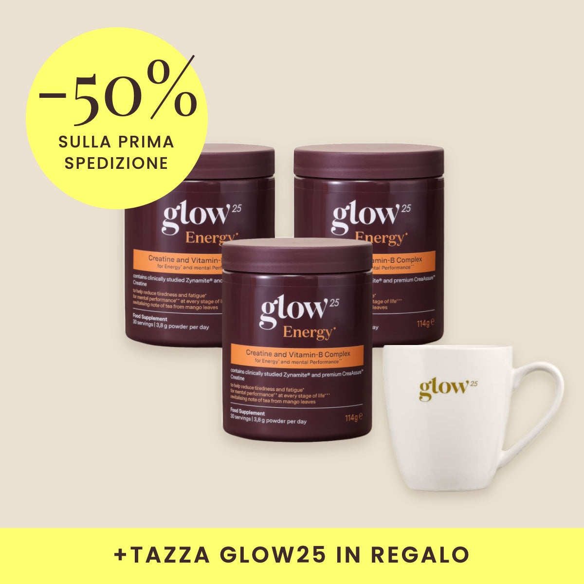 Glow25 Energy, 3 confezioni con tazza in regalo, packshot Bynder