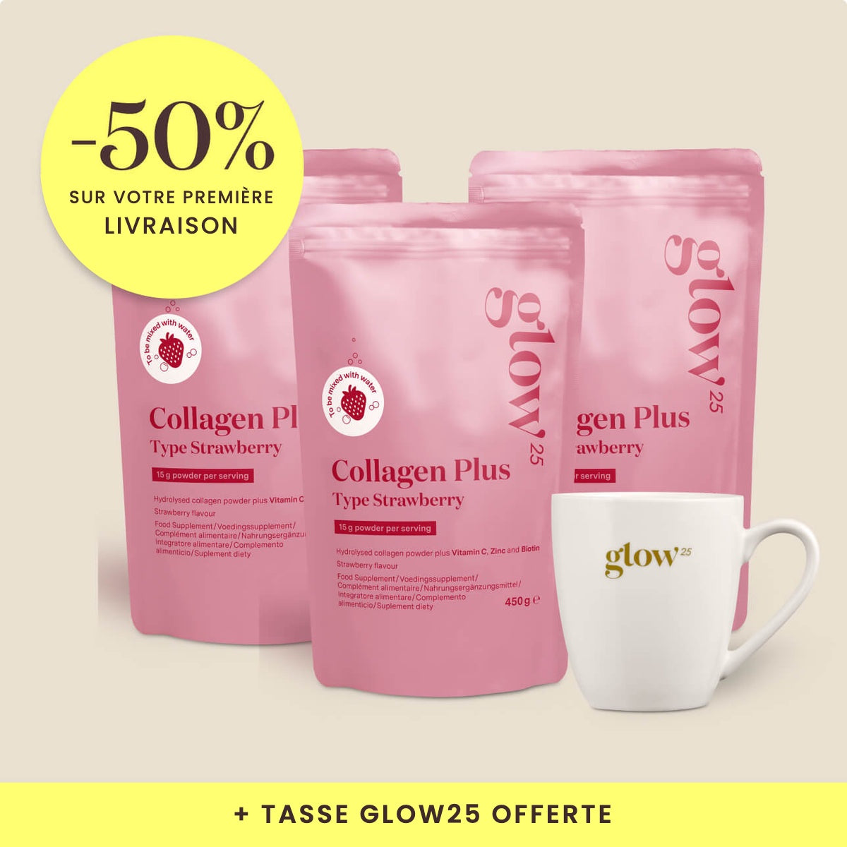 Collagène Plus Strawberry, 3 paquets avec tasse offerte, packshot Bynder