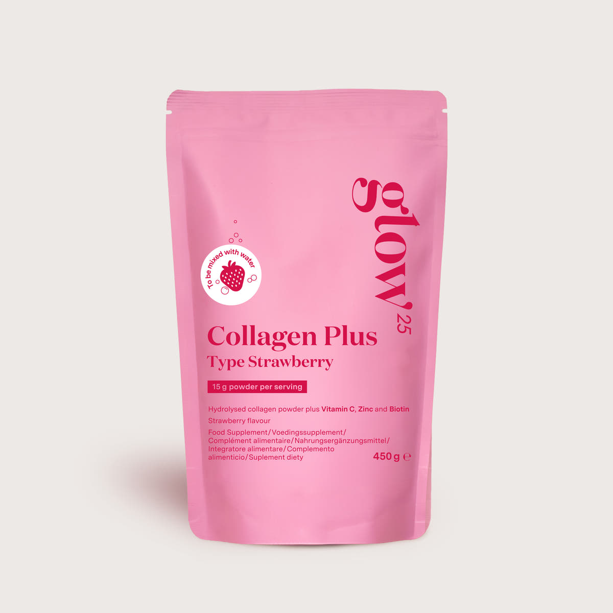 Glow25 Collagen Plus Type Strawberry, 450 g pouch, front view