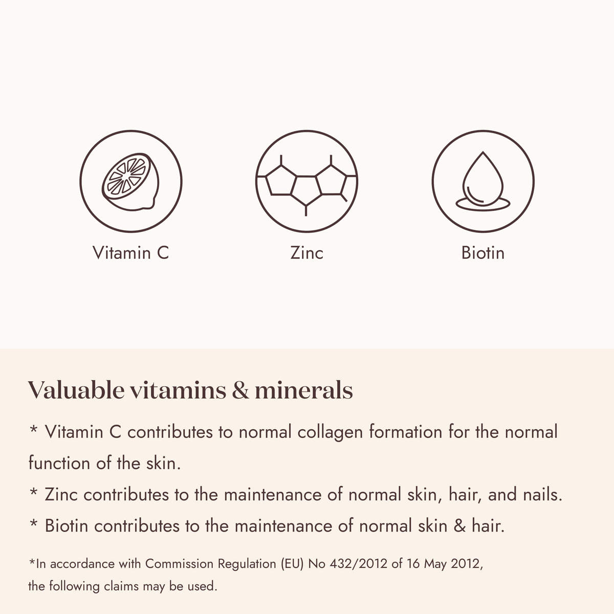 Vitamin C, zinc and biotin icons with notes on their contribution to normal skin, hair and nails