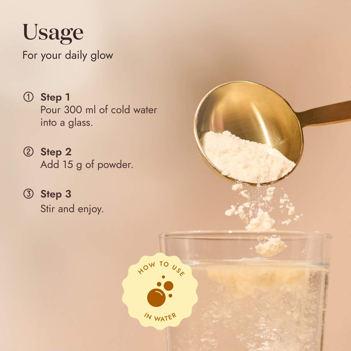 How to use Collagen Plus Type Lemon: pour 300 ml of cold water, add 15 g of powder, stir