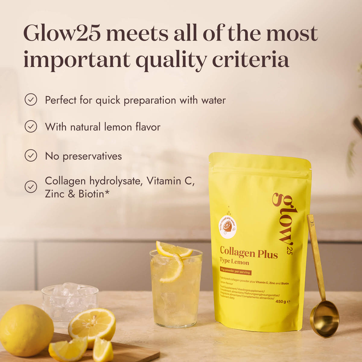Glow25 Collagen Plus Type Lemon quality criteria with a glass of lemon water, a pouch and a gold scoop