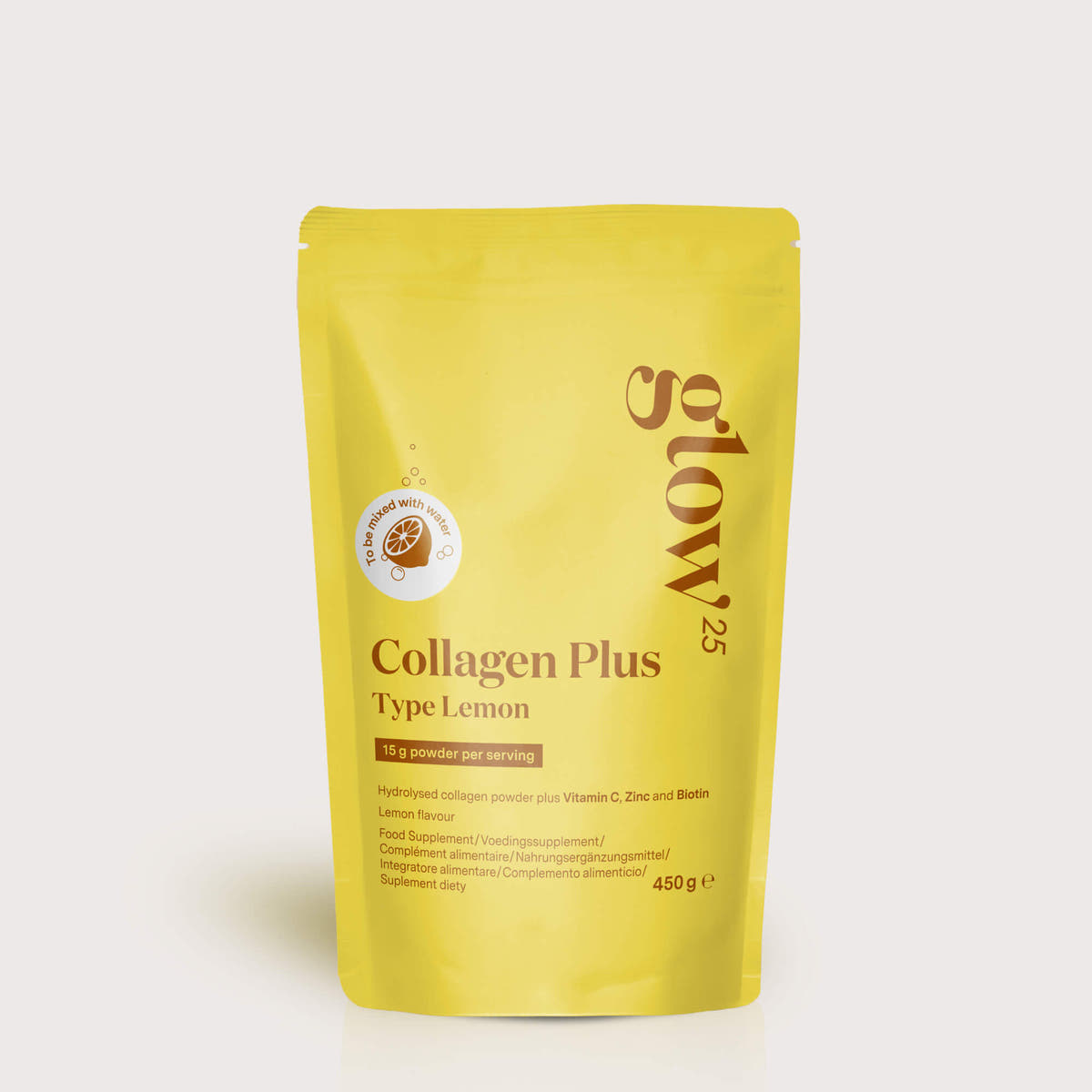 Glow25 Collagen Plus Type Lemon, 450 g pouch, front view