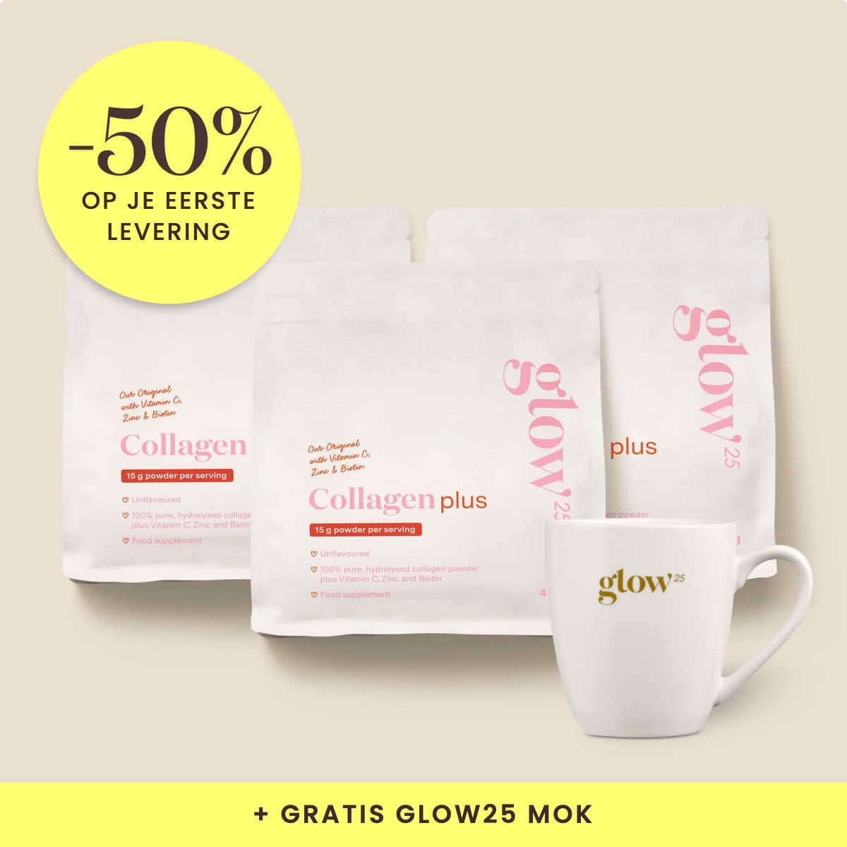 Collagen Plus, 3 pakketten met gratis mok, Bynder-packshot