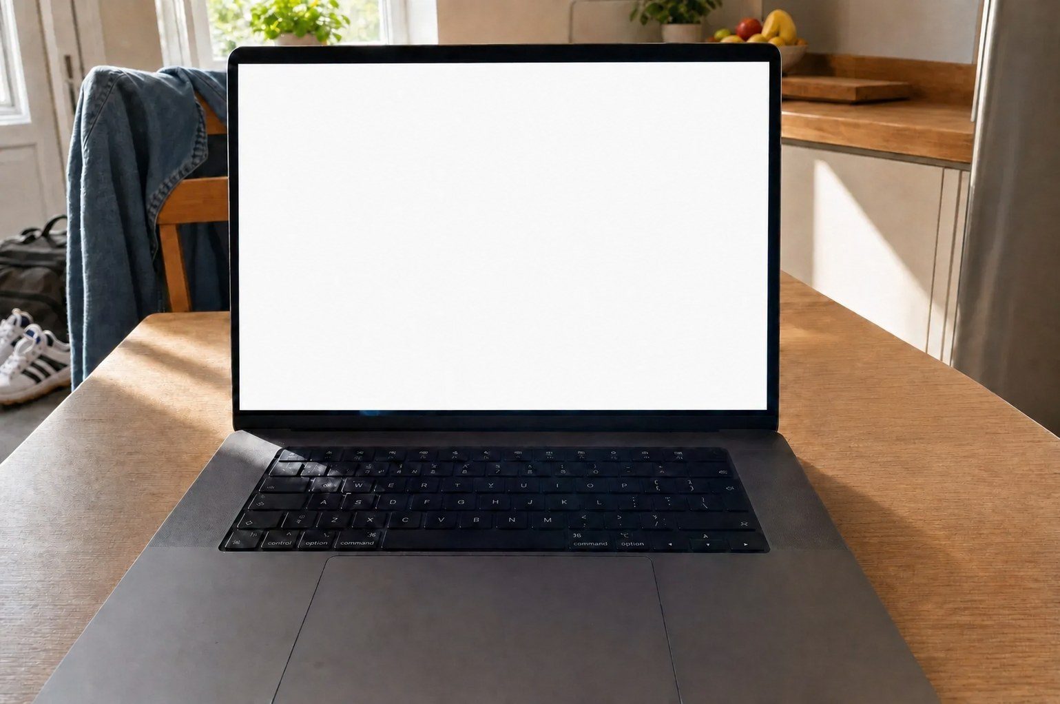 Aufgeklapptes Laptop auf einem Holztisch in einer hellen Küche