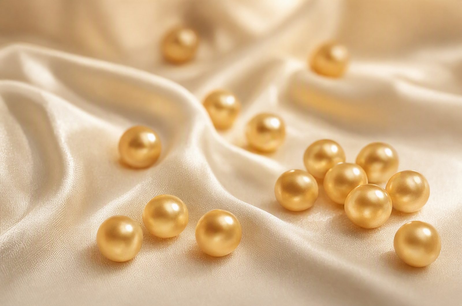 Goldene Perlen auf Seide, Sinnbild für die fünf B-Vitamine