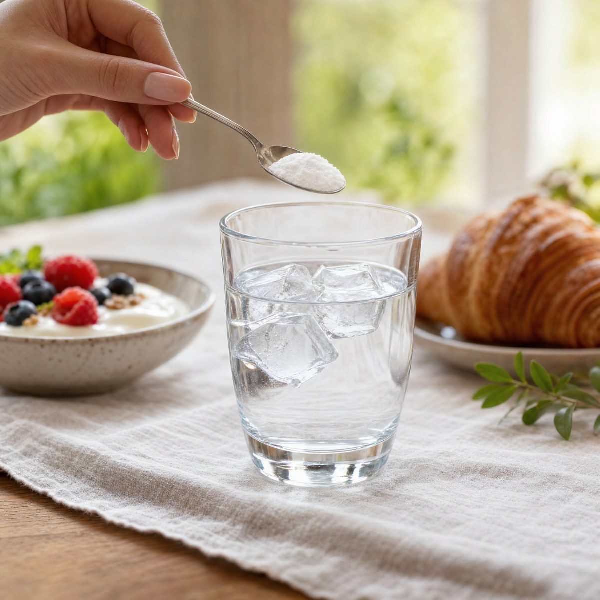 Ein Glas Wasser mit Eis auf einem Frühstückstisch, ein Teelöffel mit Pulver darüber